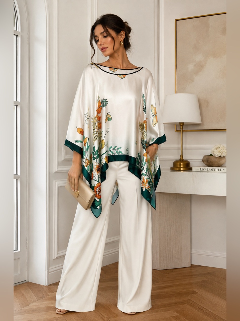 Ivory Wide-Leg Pants with Floral Satin Poncho in Green Accents
